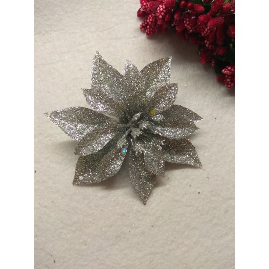 Новогодние украшения с блестками 9,5 см "Пуансетия",цв серебро, цена за 1 шт